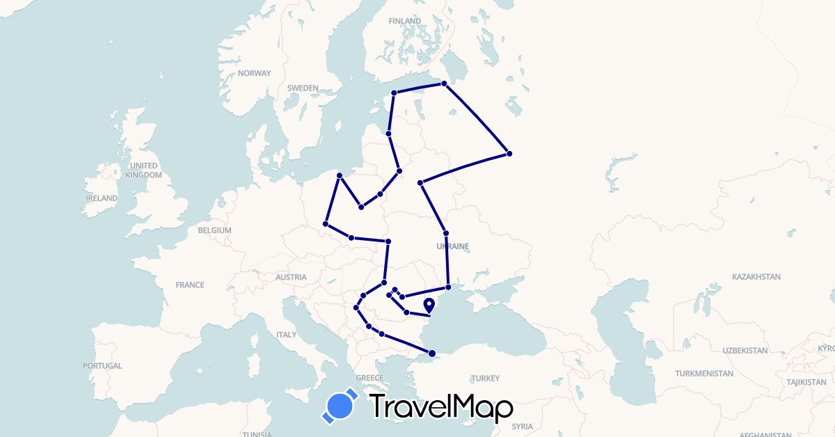 TravelMap itinerary: driving in Bulgaria, Belarus, Estonia, Lithuania, Latvia, Poland, Romania, Serbia, Russia, Turkey, Ukraine (Asia, Europe)
