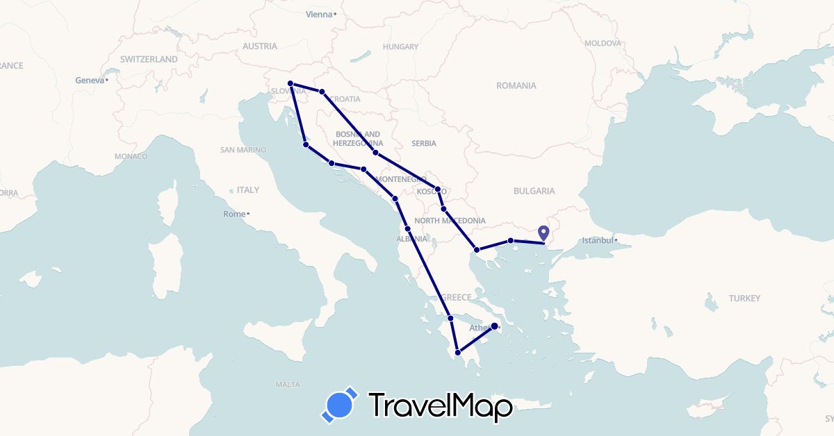 TravelMap itinerary: driving in Albania, Bosnia and Herzegovina, Greece, Croatia, Montenegro, Macedonia, Slovenia, Kosovo (Europe)