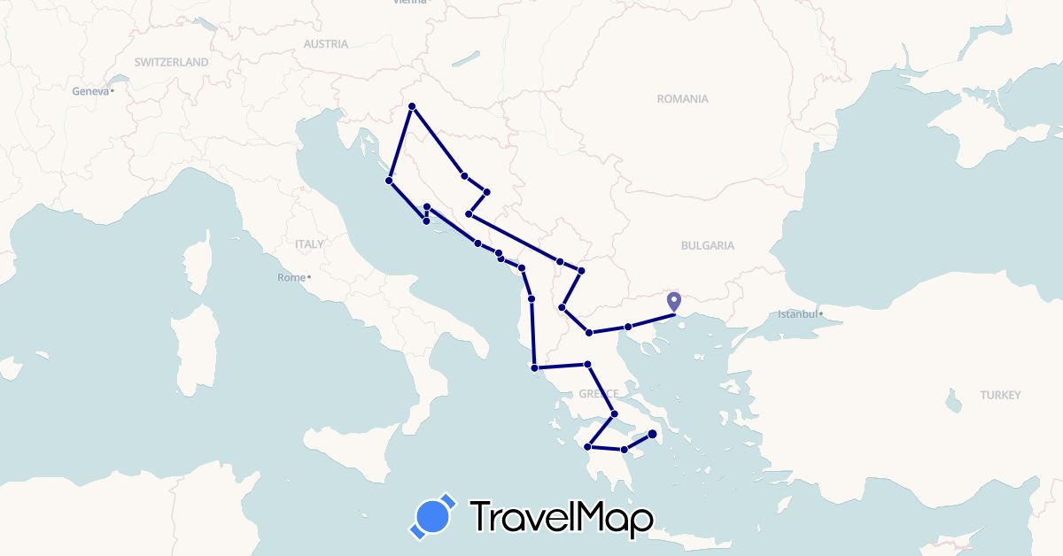 TravelMap itinerary: driving in Albania, Bosnia and Herzegovina, Greece, Croatia, Montenegro, Macedonia, Kosovo (Europe)