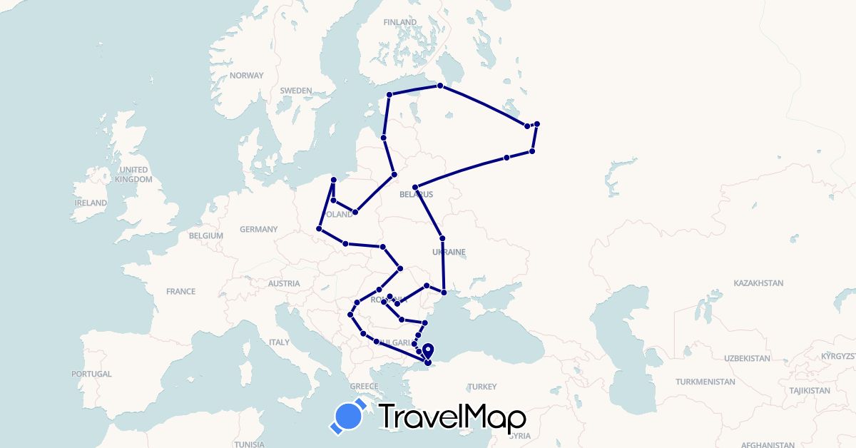 TravelMap itinerary: driving in Bulgaria, Belarus, Estonia, Lithuania, Latvia, Moldova, Poland, Romania, Serbia, Russia, Turkey, Ukraine (Asia, Europe)