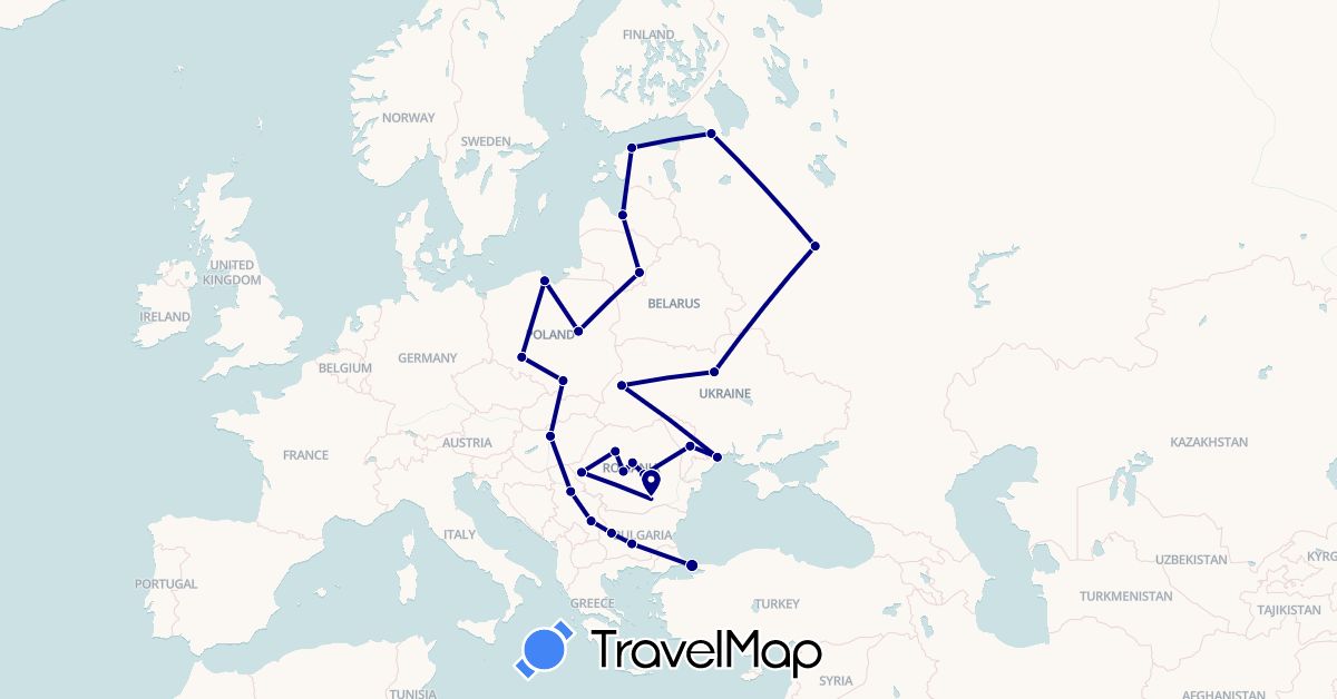 TravelMap itinerary: driving in Bulgaria, Estonia, Hungary, Lithuania, Latvia, Moldova, Poland, Romania, Serbia, Russia, Turkey, Ukraine (Asia, Europe)