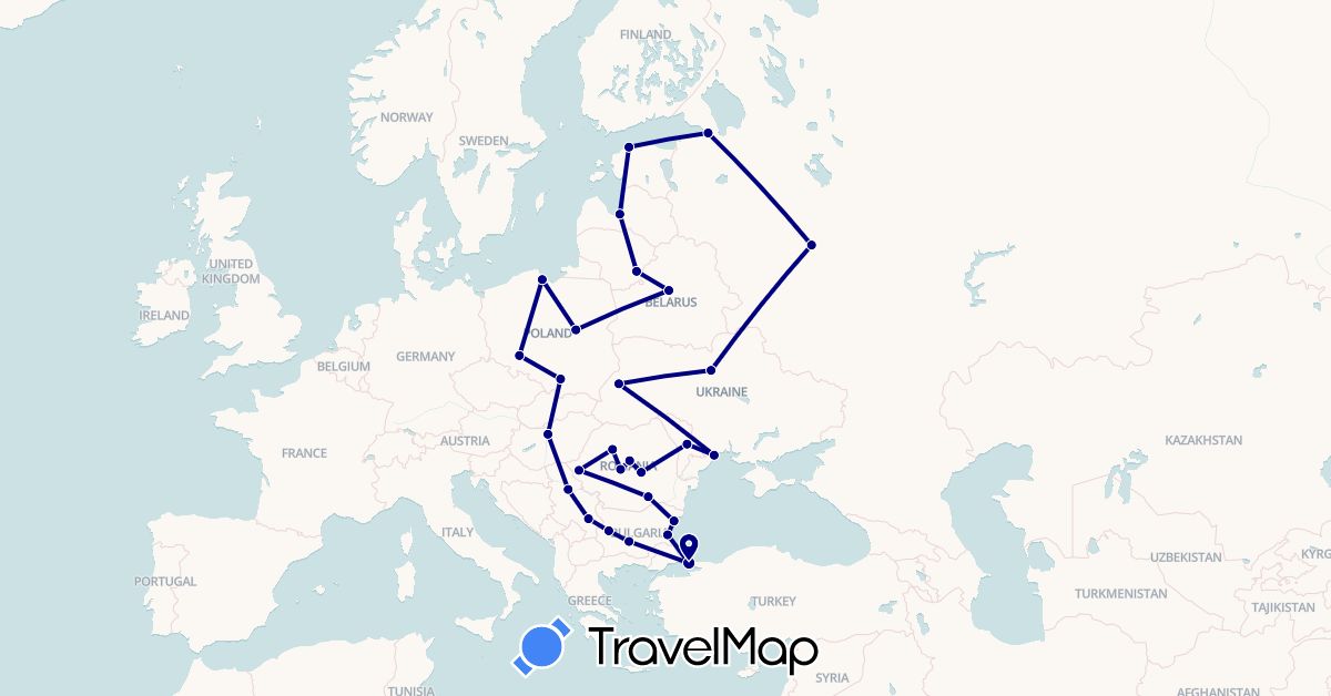 TravelMap itinerary: driving in Bulgaria, Belarus, Estonia, Hungary, Lithuania, Latvia, Moldova, Poland, Romania, Serbia, Russia, Turkey, Ukraine (Asia, Europe)